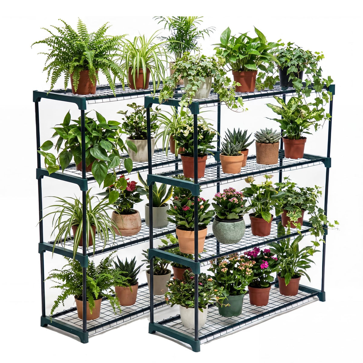Panana garden storage rack in shed, organized seed trays and pots.