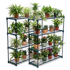 Panana garden storage rack in shed, organized seed trays and pots.