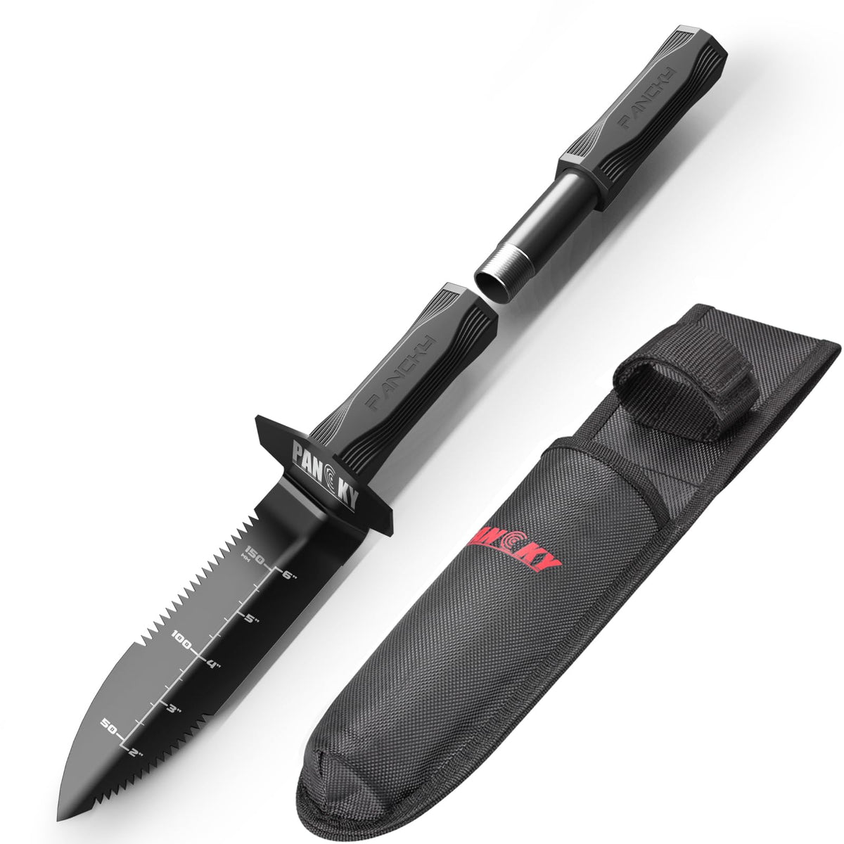 PANCKY metal detector shovel with extended handle for comfortable, versatile digging.