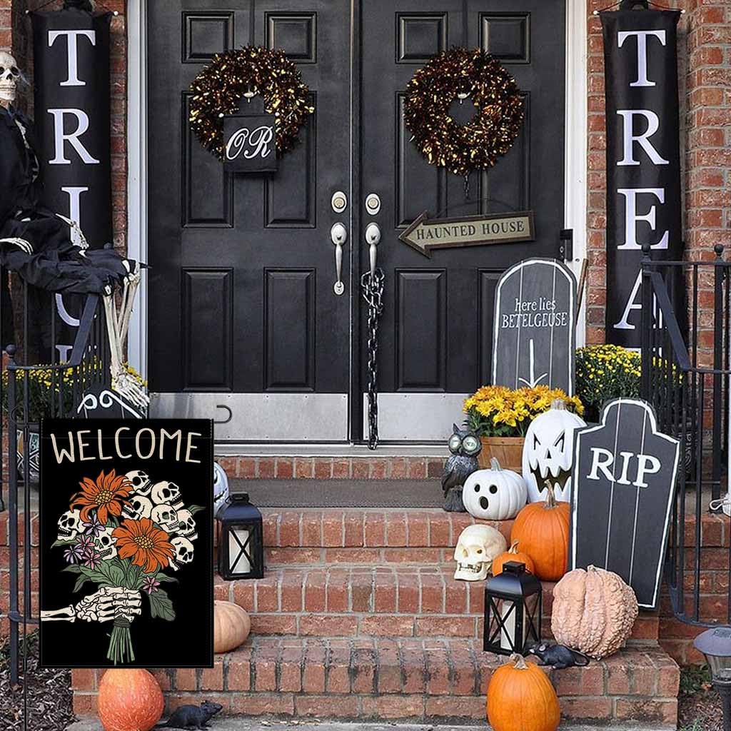 Pandicorn garden flag showcasing fall Halloween motif for inviting exterior decoration.