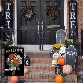 Pandicorn garden flag showcasing fall Halloween motif for inviting exterior decoration.
