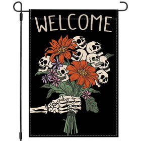 Pandicorn double-sided Halloween flag with skull and flower design to boost outdoor curb appeal.