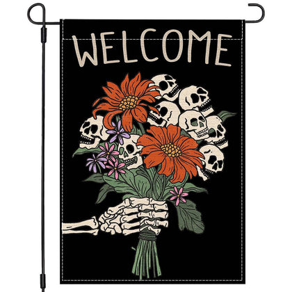 Pandicorn double-sided Halloween flag with skull and flower design to boost outdoor curb appeal.