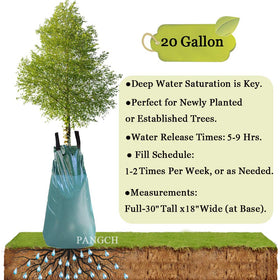 PANGCH tree watering bag full setup shows hose connection for even, slow watering.