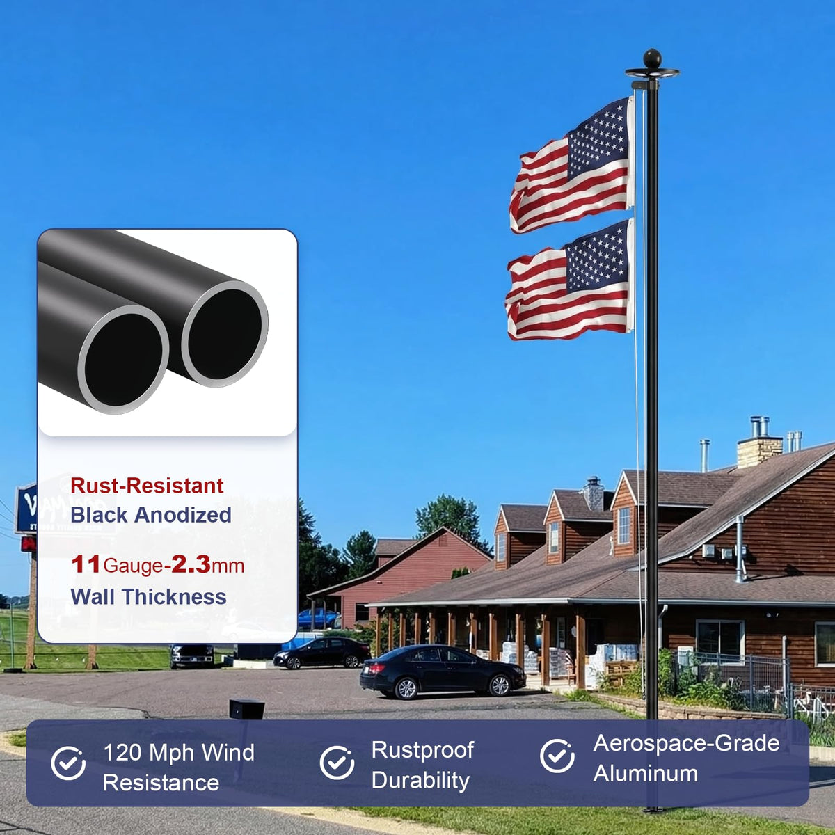 Panopole 3x5ft USA flag with thickened durable fabric.