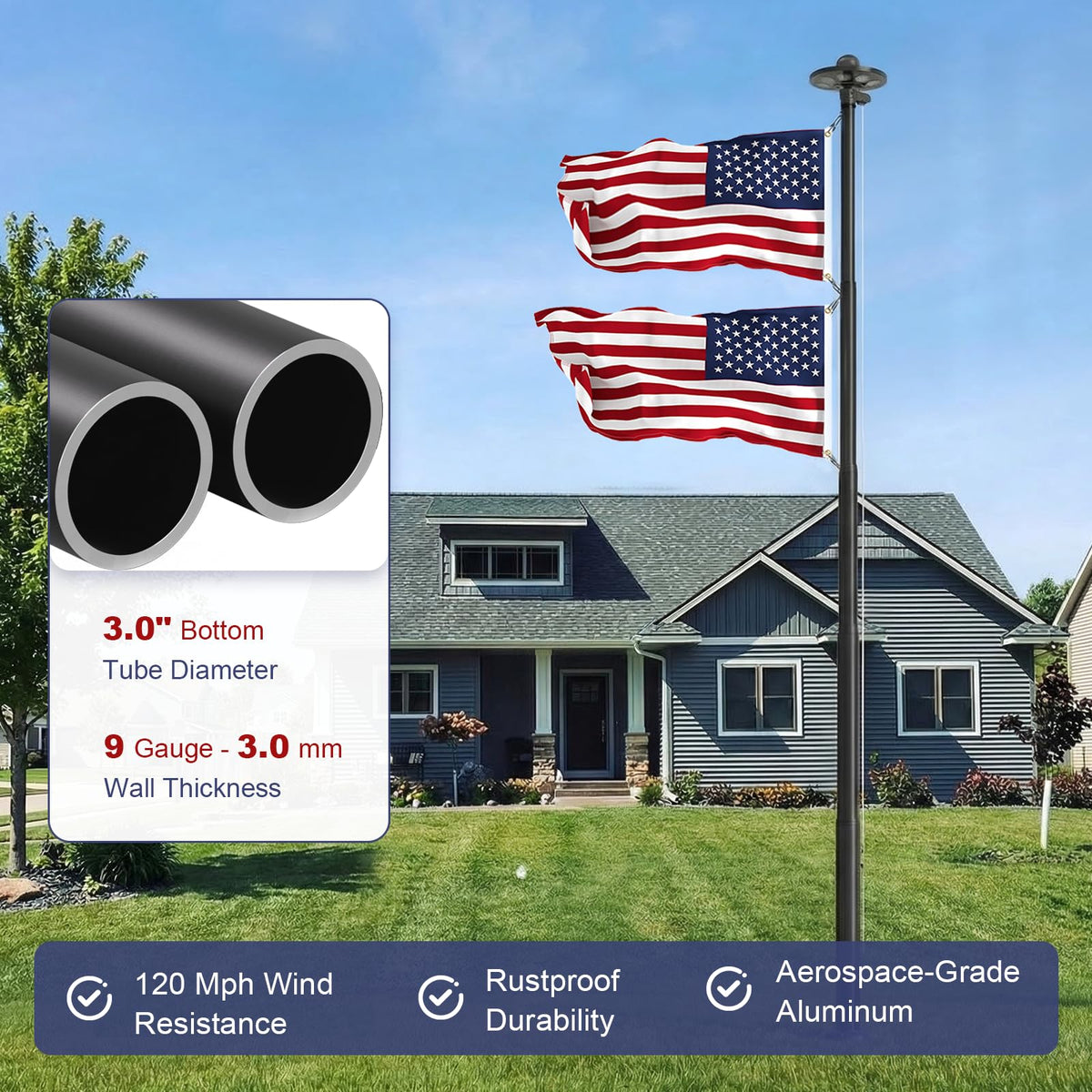 Panopole 3mm thick flagpole wall design supports strong construction.