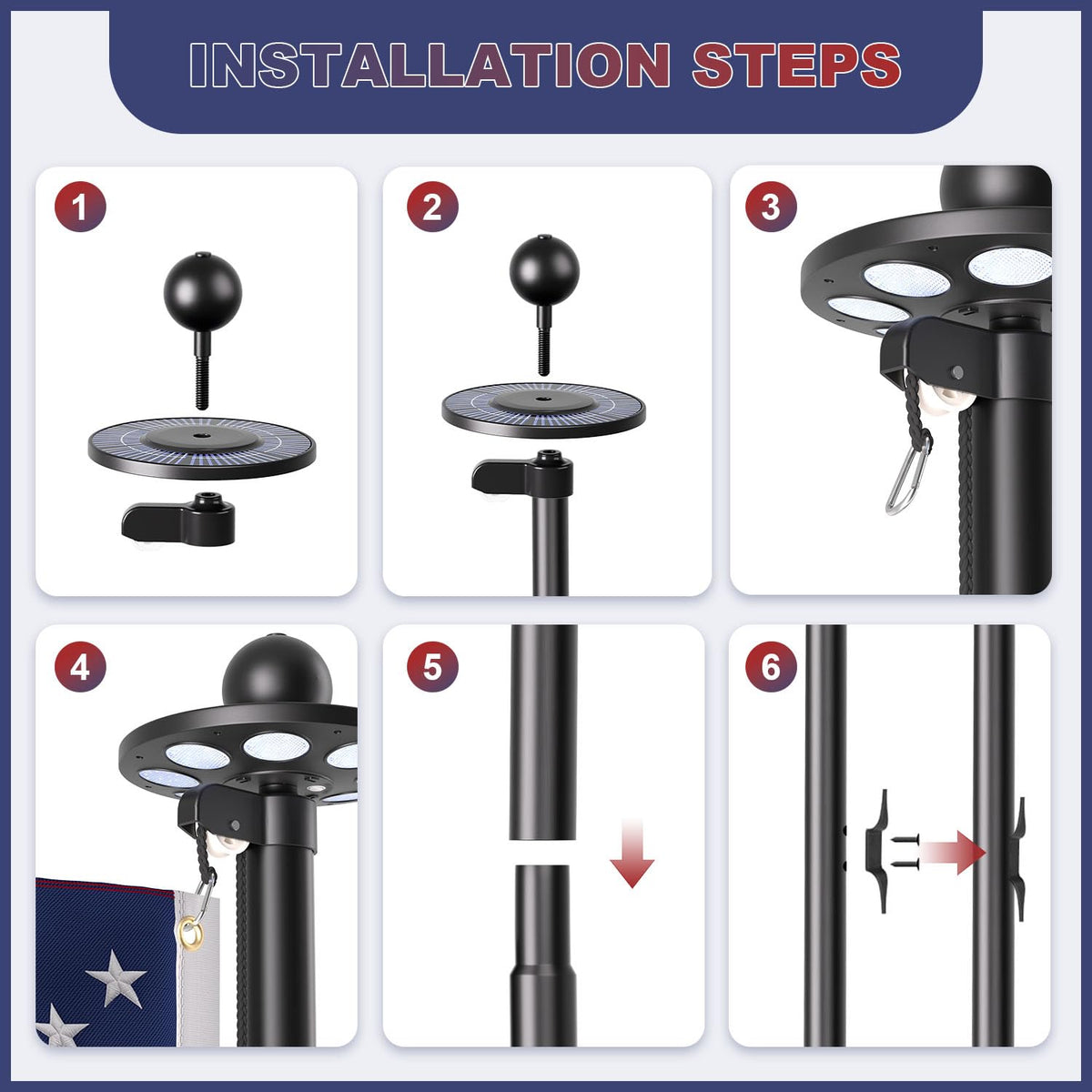 Panopole rope and hooks enable secure flag hoisting.
