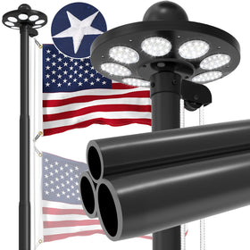 Panopole upgraded 9 gauge flagpole assembly with 136 LED solar light for durable outdoor display.