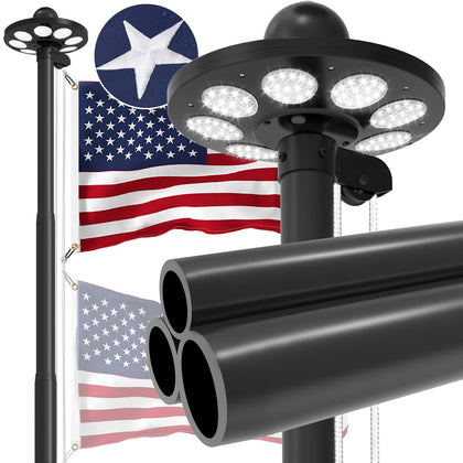 Panopole upgraded 9 gauge flagpole assembly with 136 LED solar light for durable outdoor display.