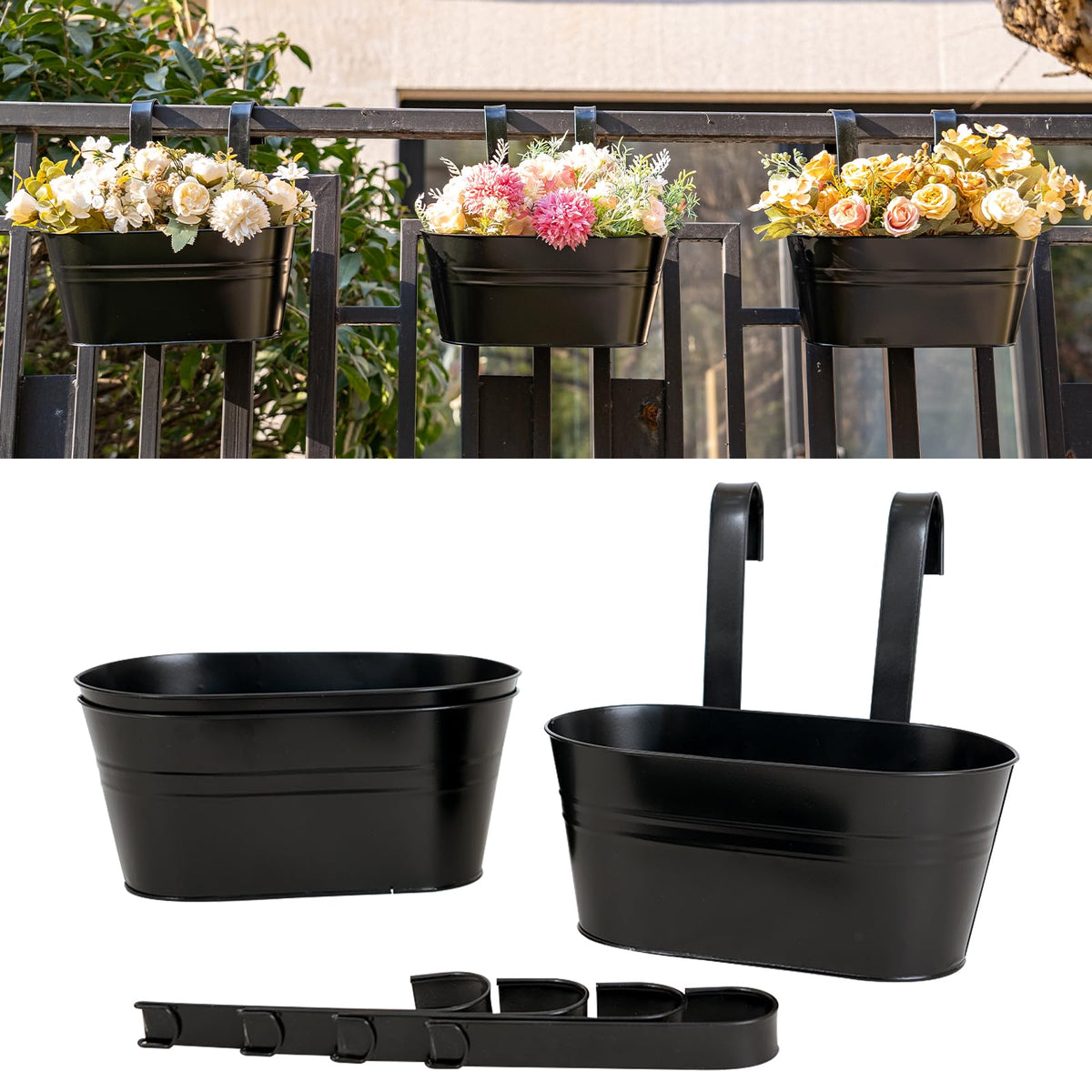 pansparade 3-pack metal hanging flower pots on railing for easy balcony gardening