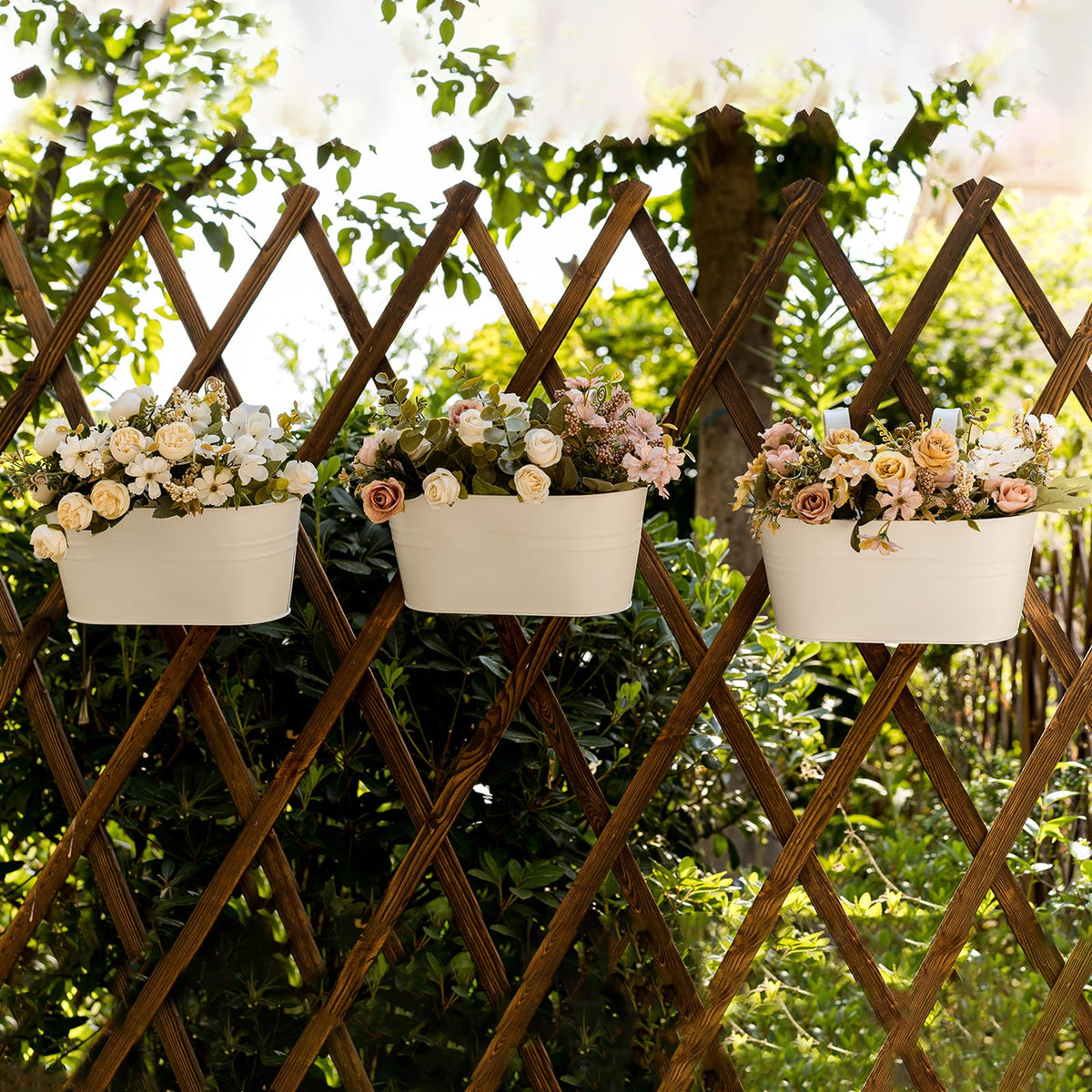 pansparade three-pack on railing as decorative outdoor storage or planter