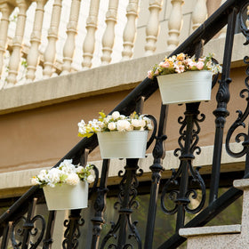 pansparade hanging planters on railing with greenery brightening a porch