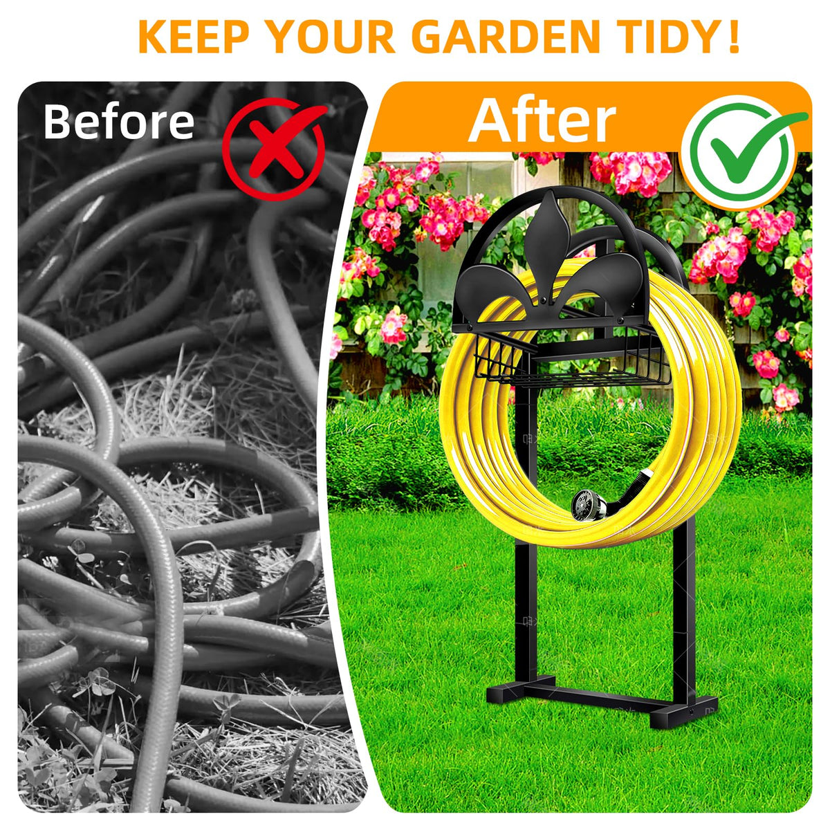 Pantutru multi-purpose garden storage holds hose and tools in one place.