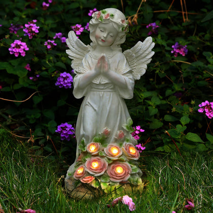 Panven garden angel statue on patio, hand-painted with vibrant colors brightens outdoor spaces.