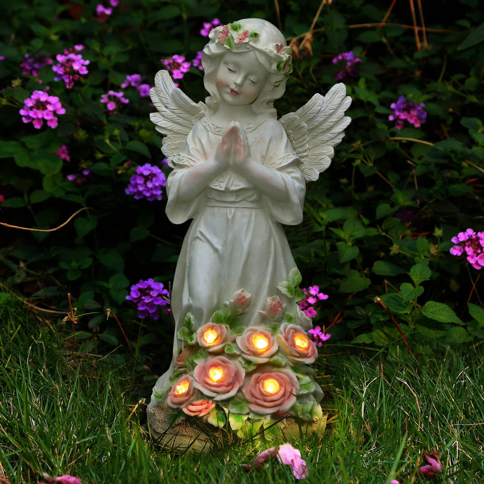 Panven garden angel statue on patio, hand-painted with vibrant colors brightens outdoor spaces.