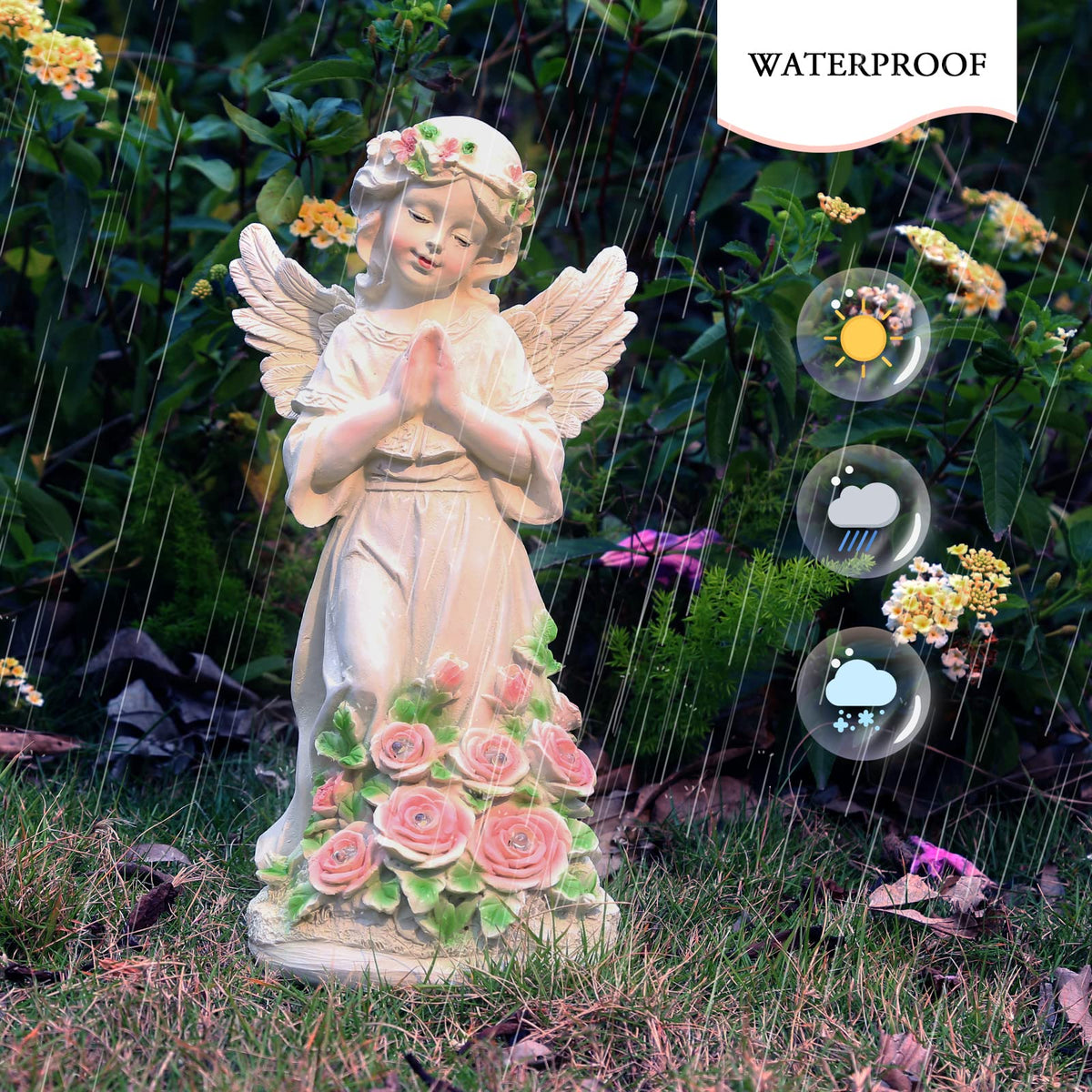 Panven weatherproof resin angel statue withstands sun and rain for outdoor use.