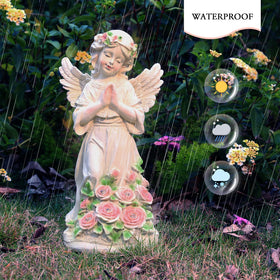 Panven weatherproof resin angel statue withstands sun and rain for outdoor use.