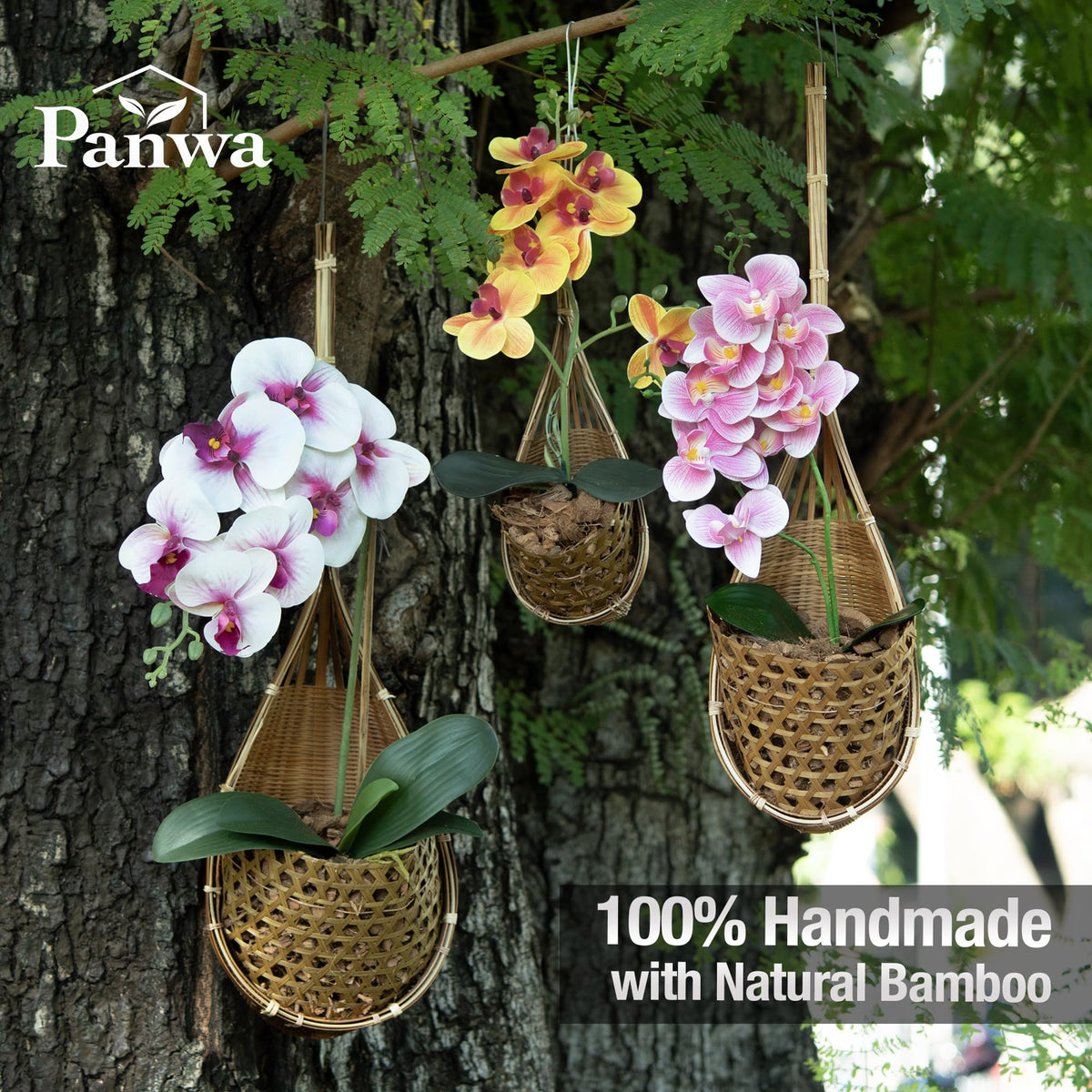 PANWA bamboo orchid basket 4in hanging showcases easy water drainage for outdoor patios.