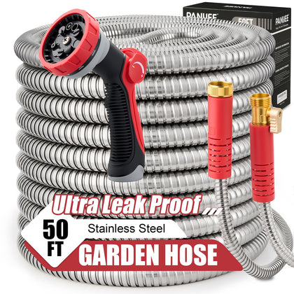 PANYEE stainless-steel garden hose 50ft showcases durable design for reliable outdoor watering and puncture resistance.