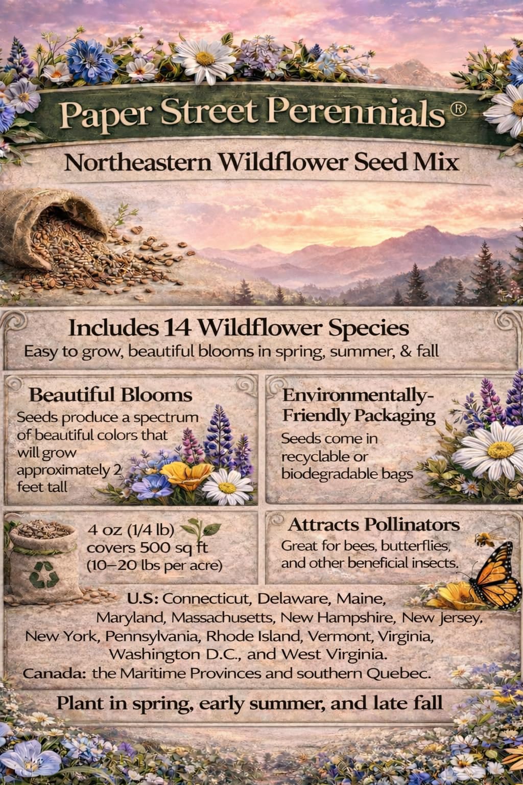 Paper Street Perennials pollinator-friendly blooms attract bees and butterflies.