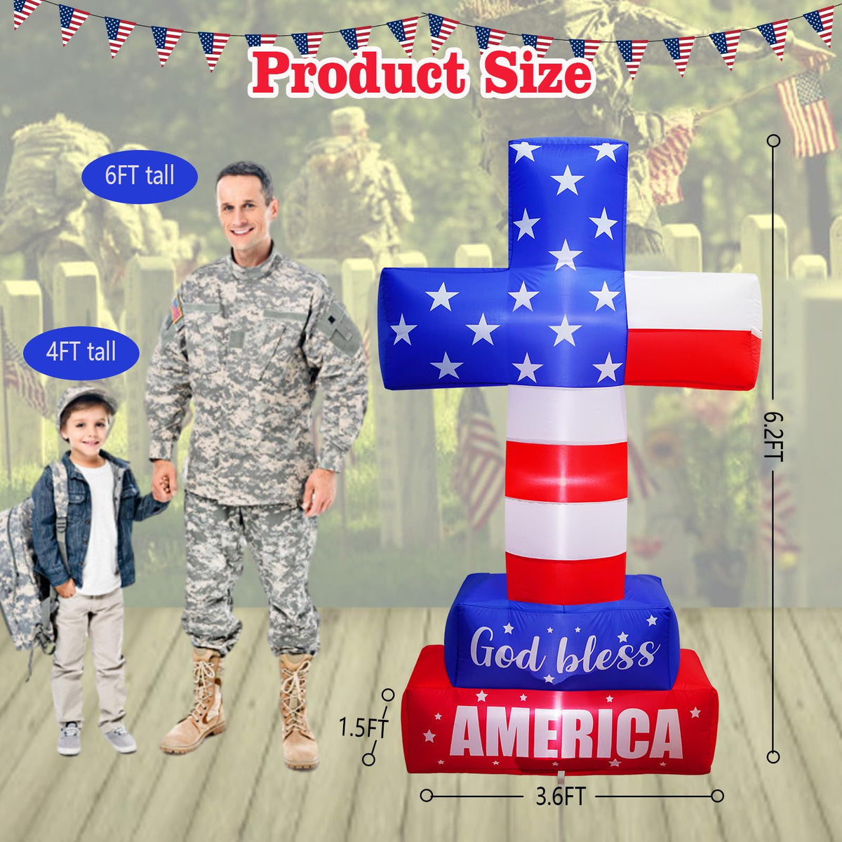 PARAYOYO cross inflatable showing USA flag motif and bright LEDs