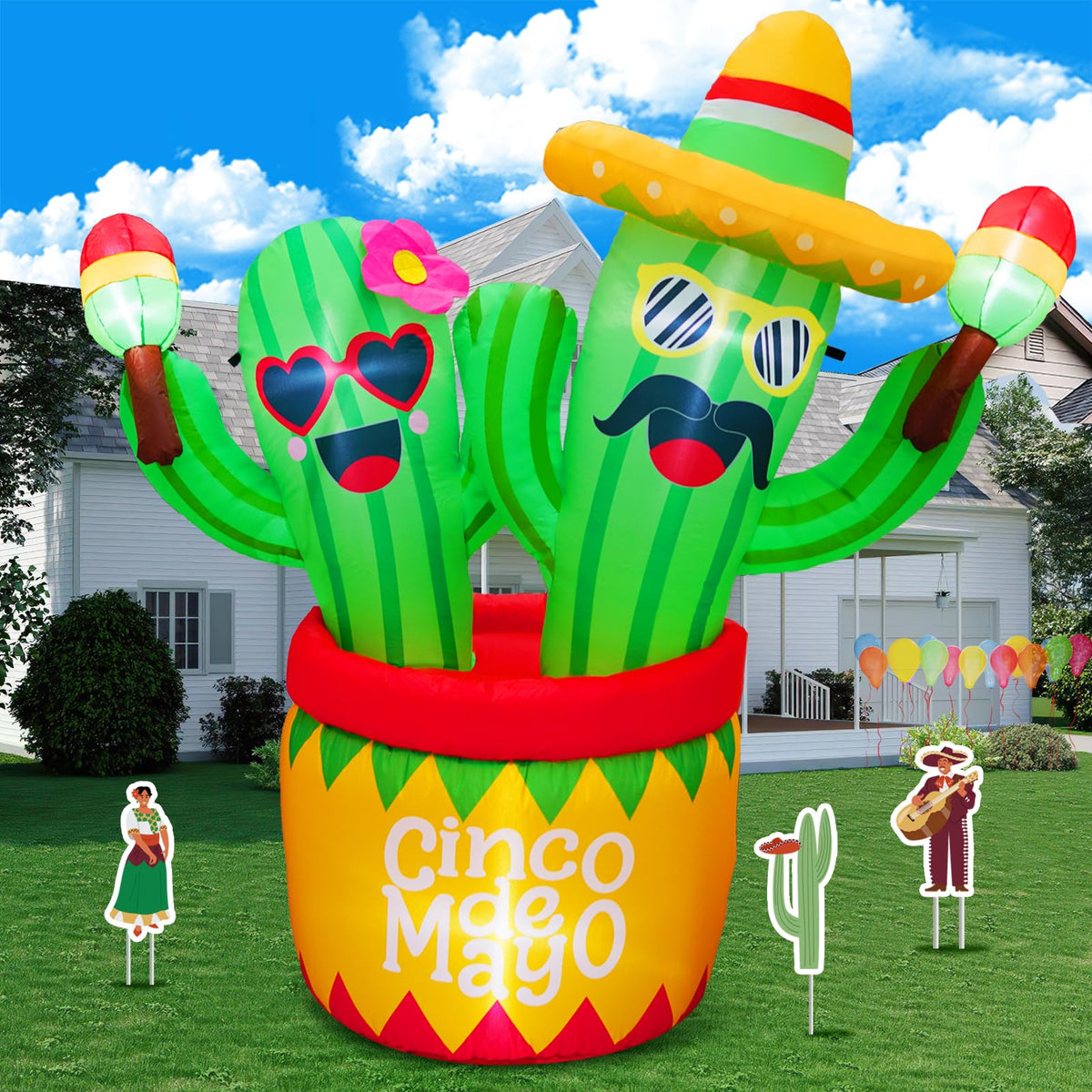 Parayoyo 6ft Cinco de Mayo inflatable cactus couple lighting outdoor fiesta decor