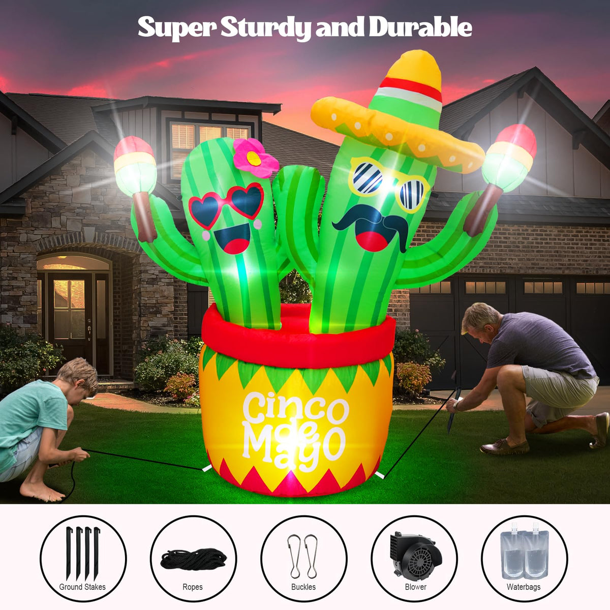 Includes ground stakes and tethers for stable outdoor setup