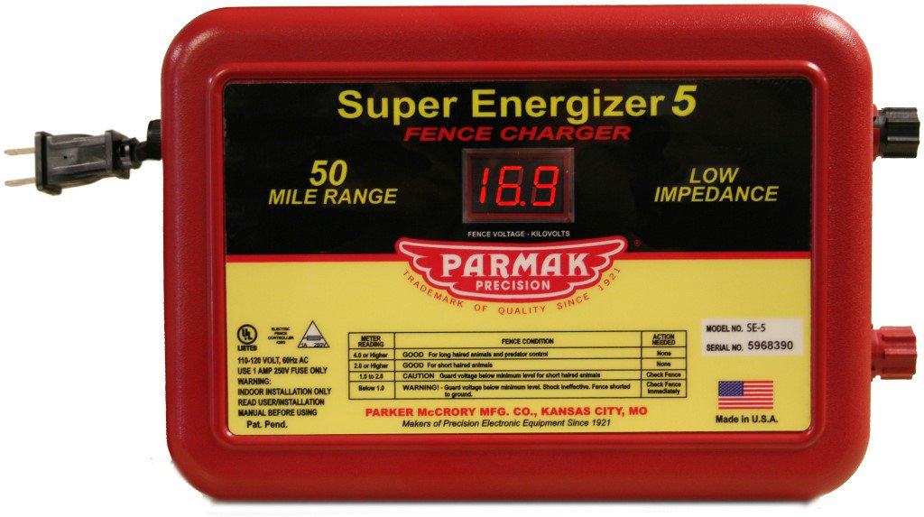 Parmak SE5 electric fence controller with 50-mile range for livestock containment and predator deterrence
