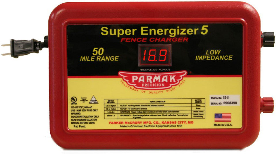 Parmak SE5 electric fence controller with 50-mile range for livestock containment and predator deterrence