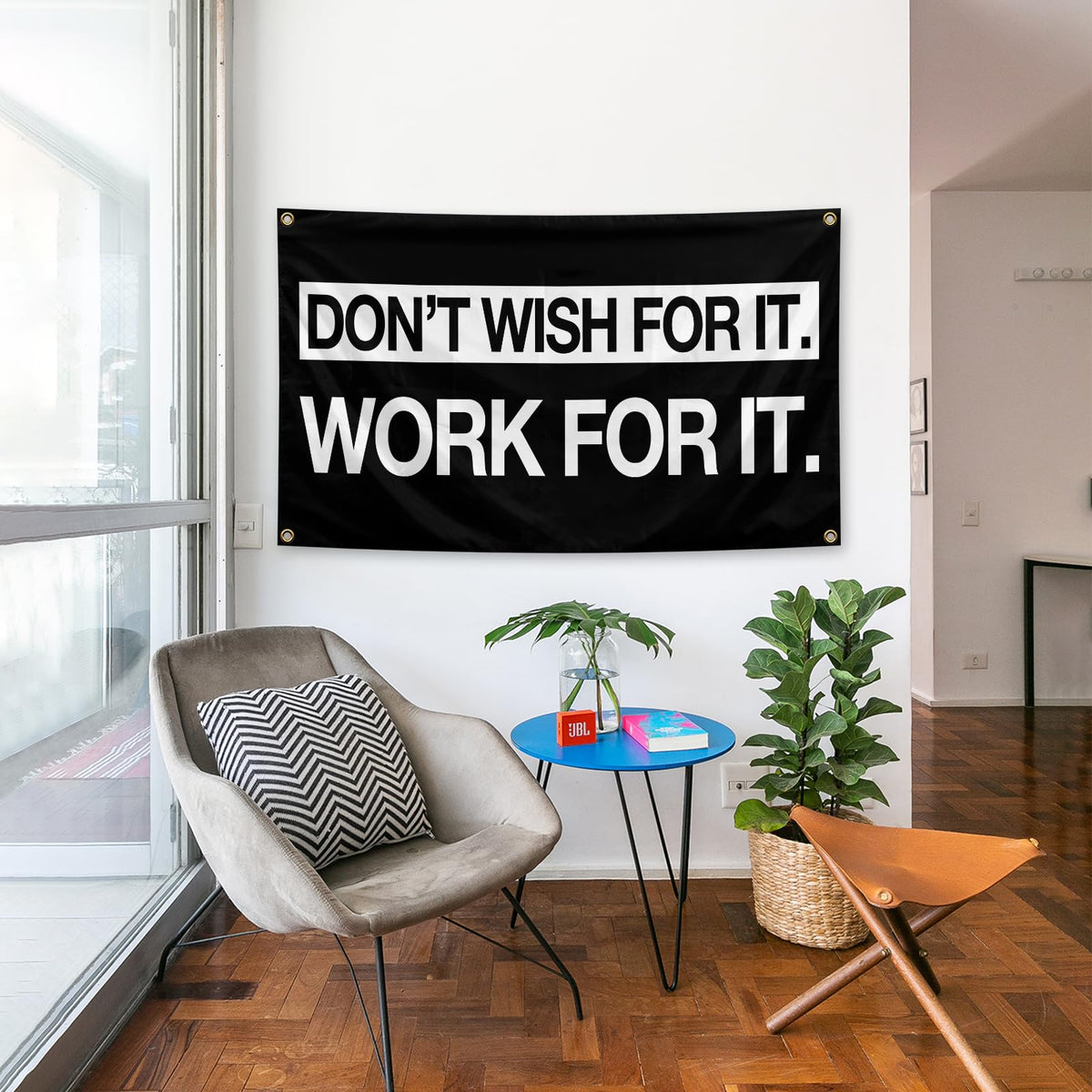 parrekek Grind Hustle Flag hanging in a bedroom for daily motivation