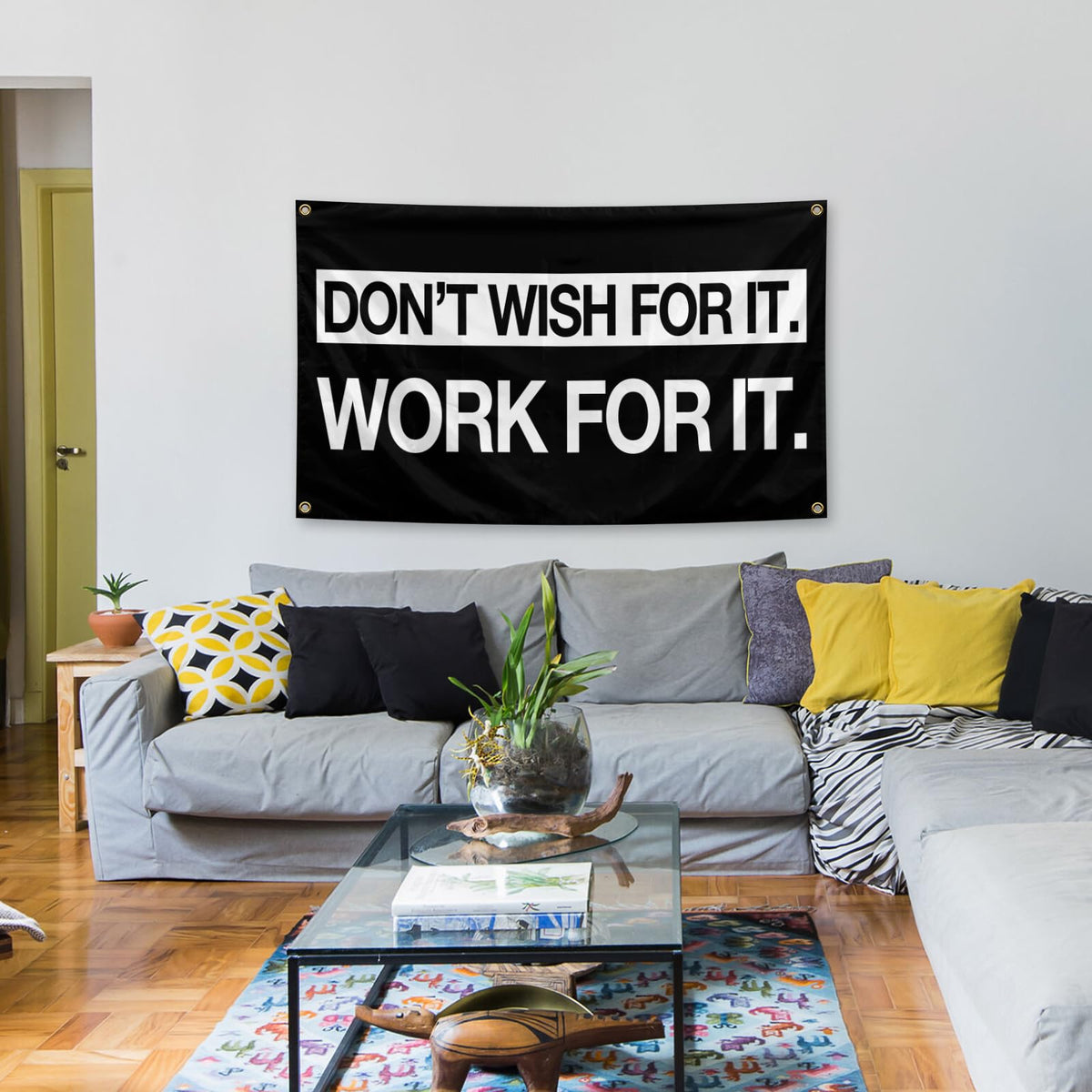 parrekek Grind Hustle Flag displayed in an office wall space