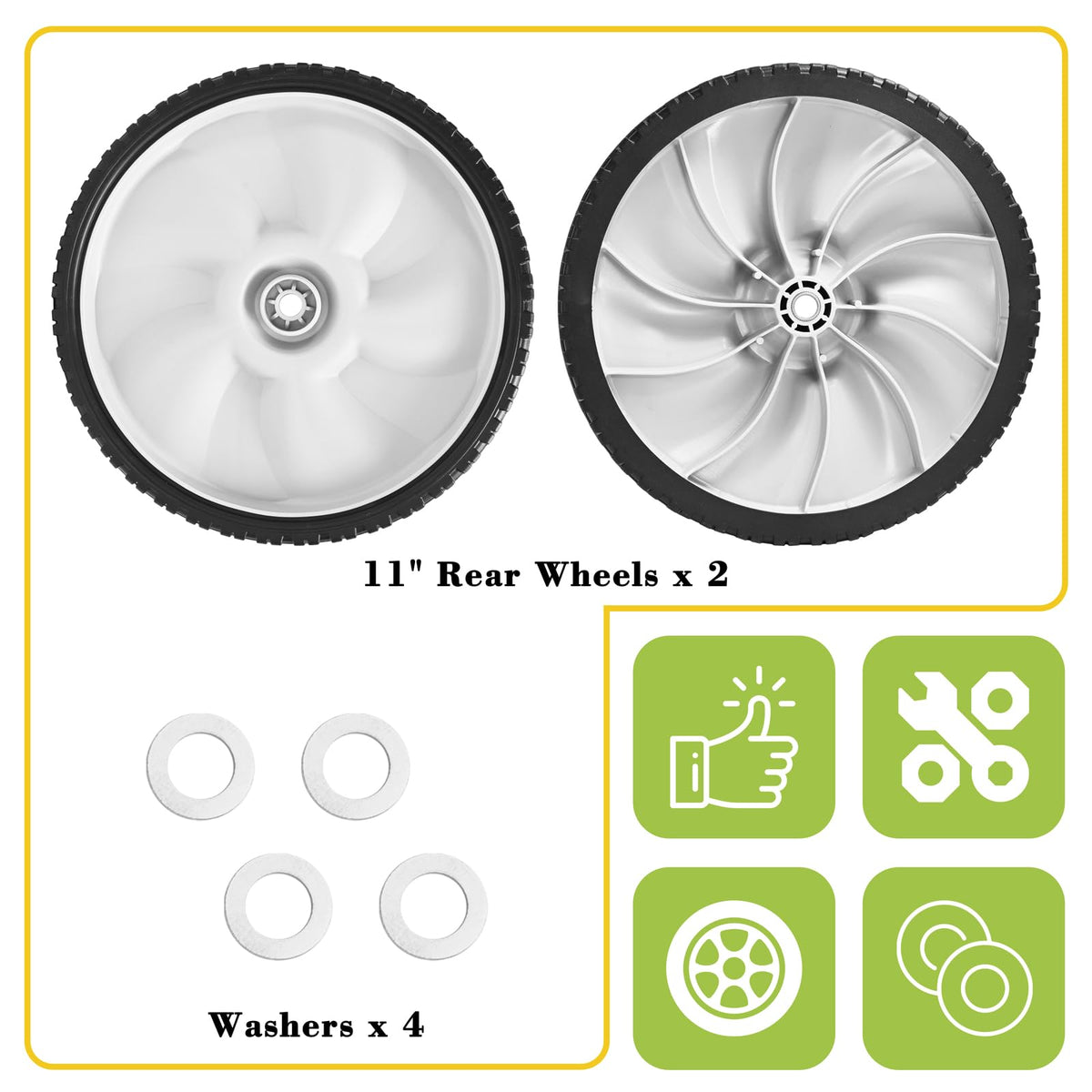 Parts Camp wheel pair supports easy adjustment for stable mowing.