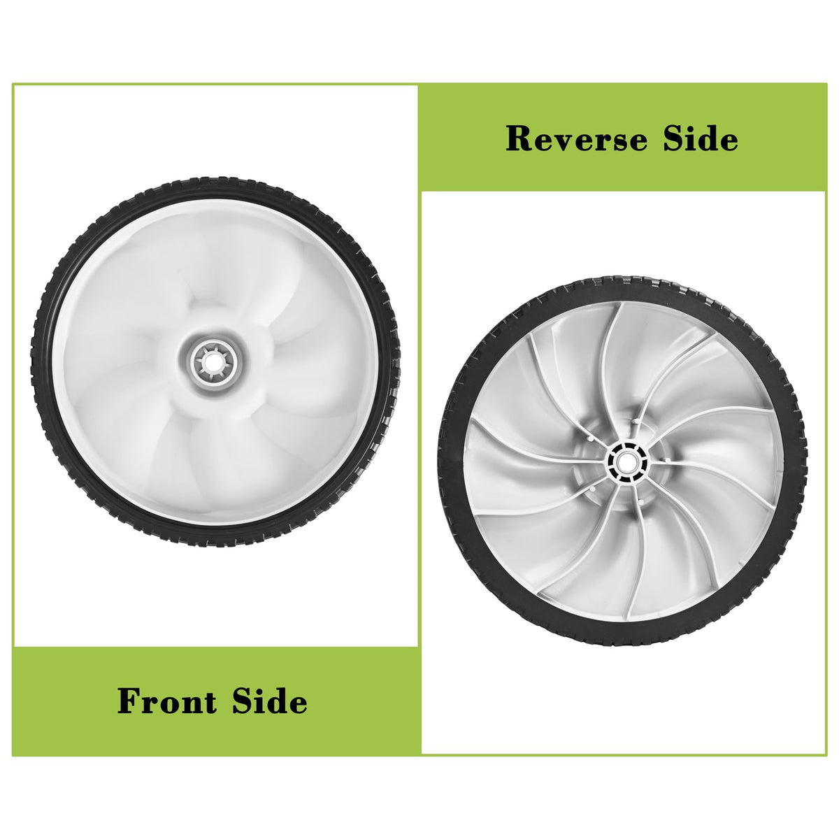 Parts Camp rear wheel set with spacers, simple installation for walk-behind mowers.