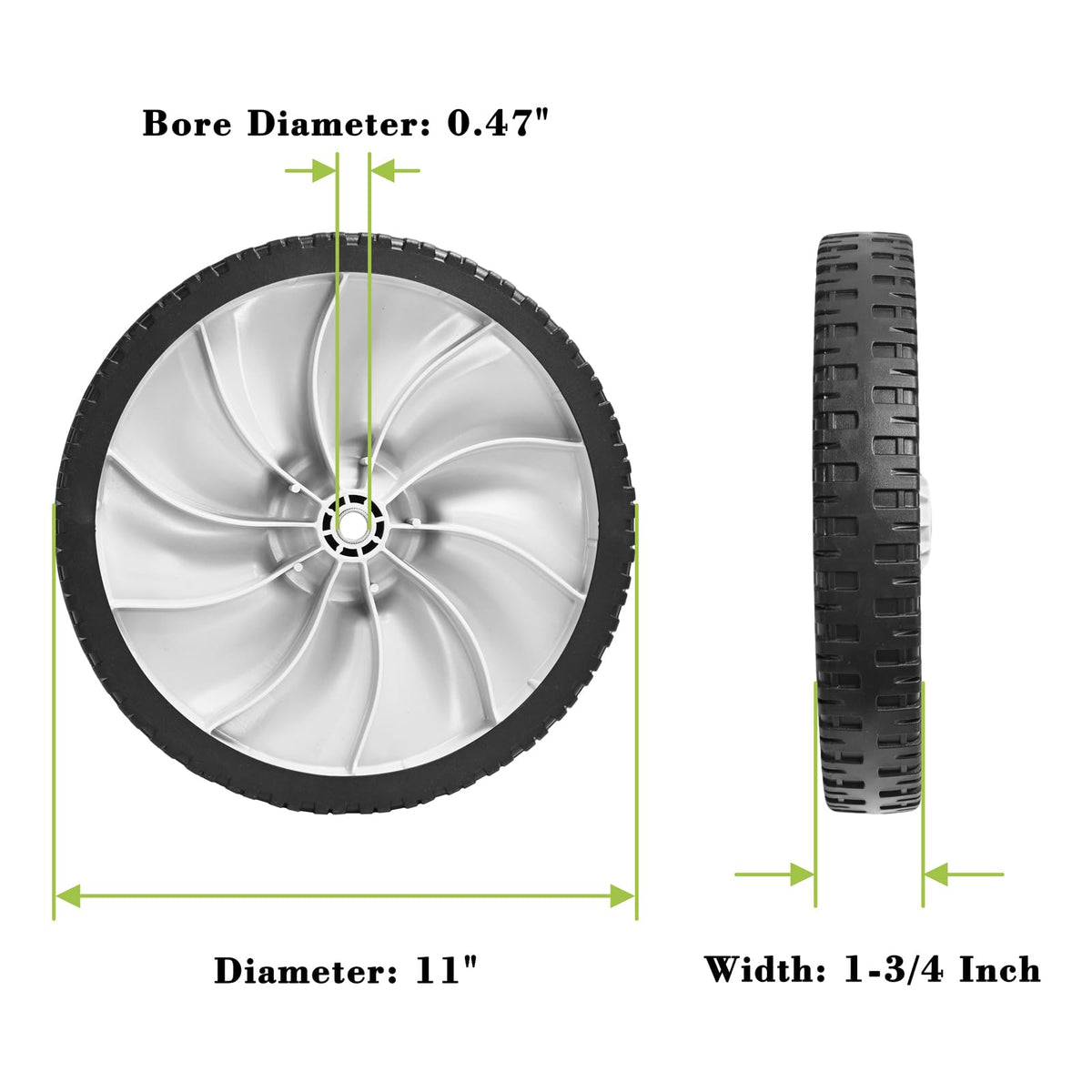 Parts Camp 11-inch rear wheel compatible with Toro, improves traction on damp grass.