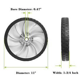 Parts Camp 11-inch rear wheel compatible with Toro, improves traction on damp grass.