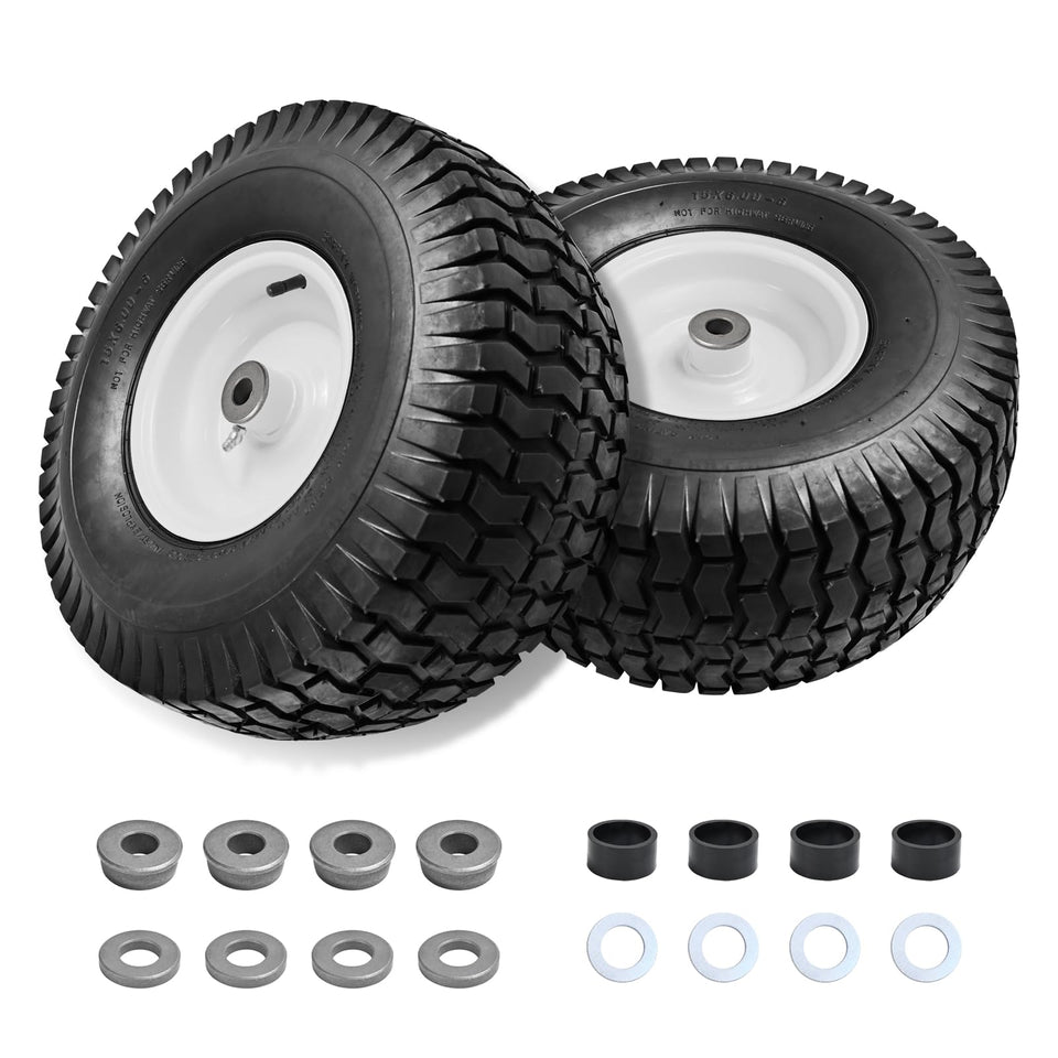 Parts Camp 15x6 tire side view, rugged pneumatic tread for lawn care