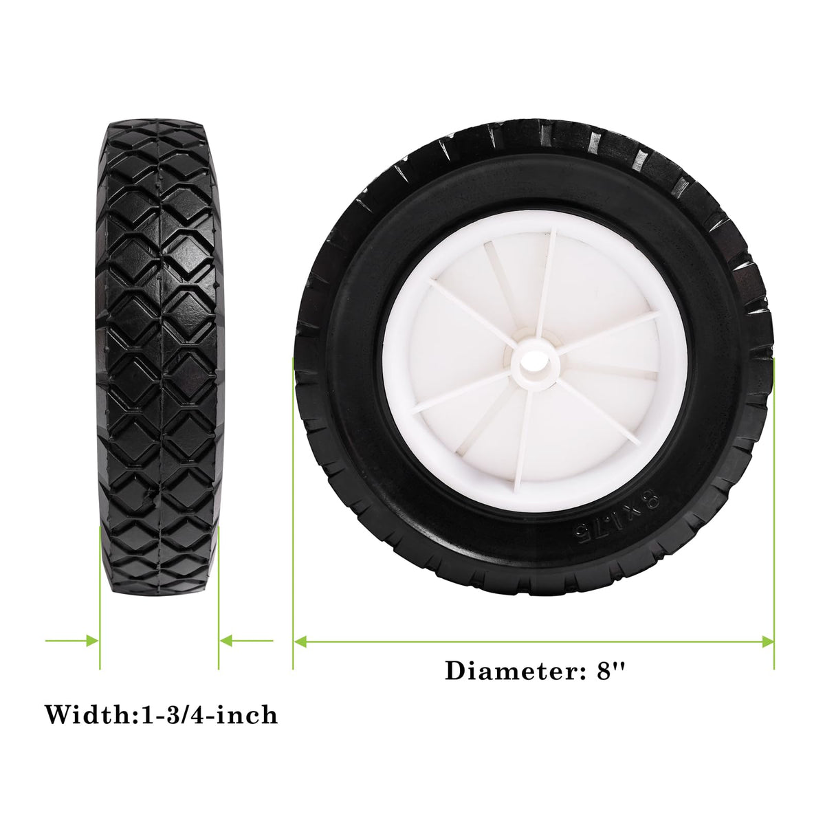 Parts Camp diamond-tread 8in wheel offers stable rolling on uneven ground.