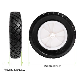 Parts Camp diamond-tread 8in wheel offers stable rolling on uneven ground.