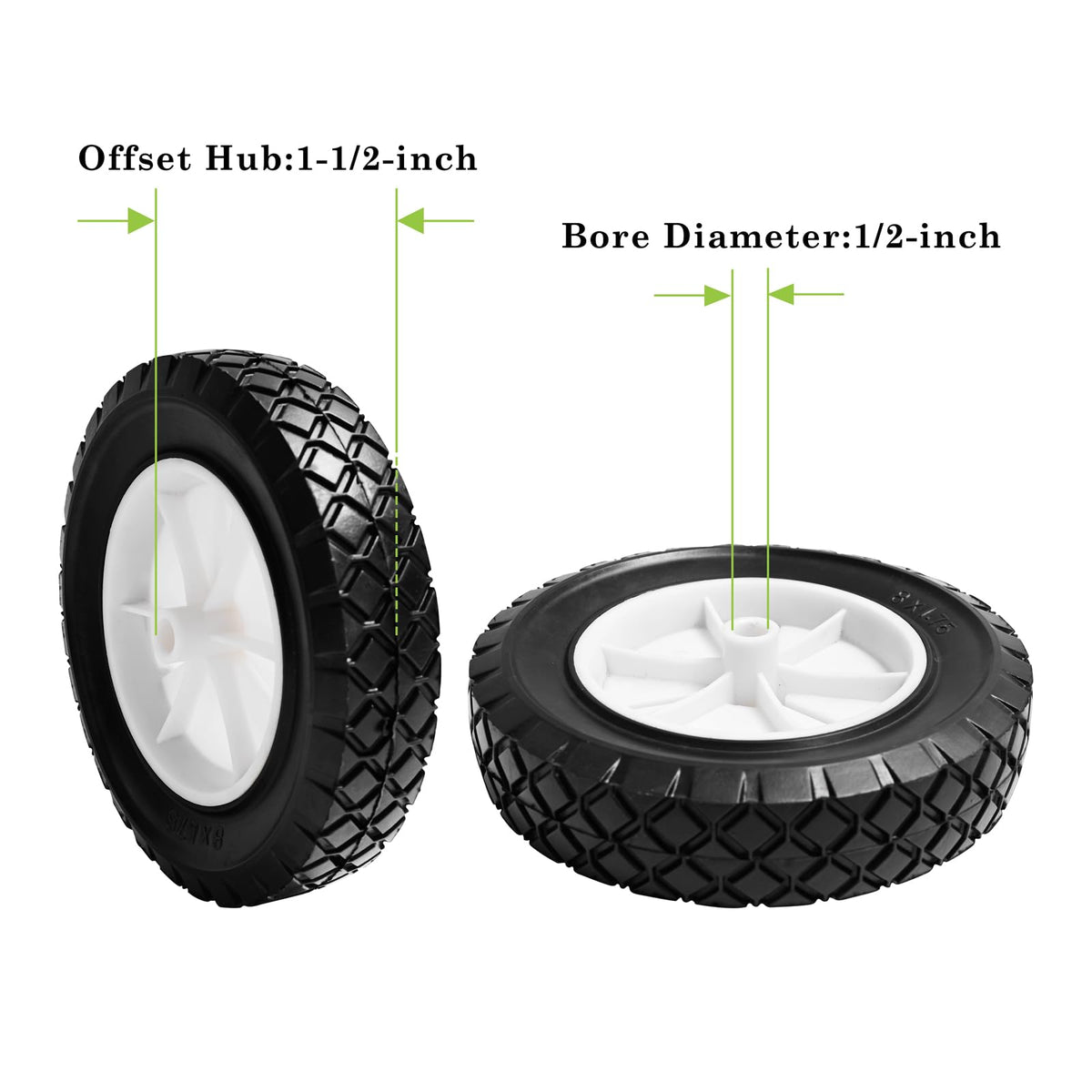 Parts Camp semi-pneumatic 8in wheel with diamond tread improves outdoor maneuverability.