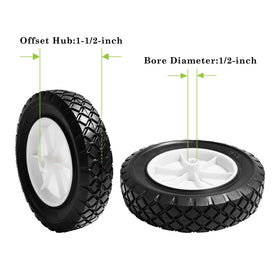 Parts Camp semi-pneumatic 8in wheel with diamond tread improves outdoor maneuverability.