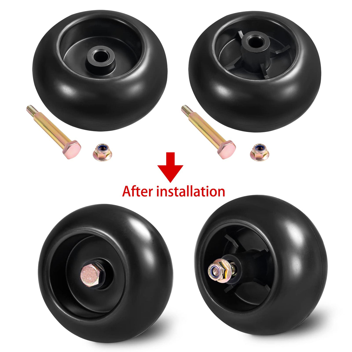 Parts Camp deck wheels 4-pack packaging—includes shoulder bolts and lock nuts.