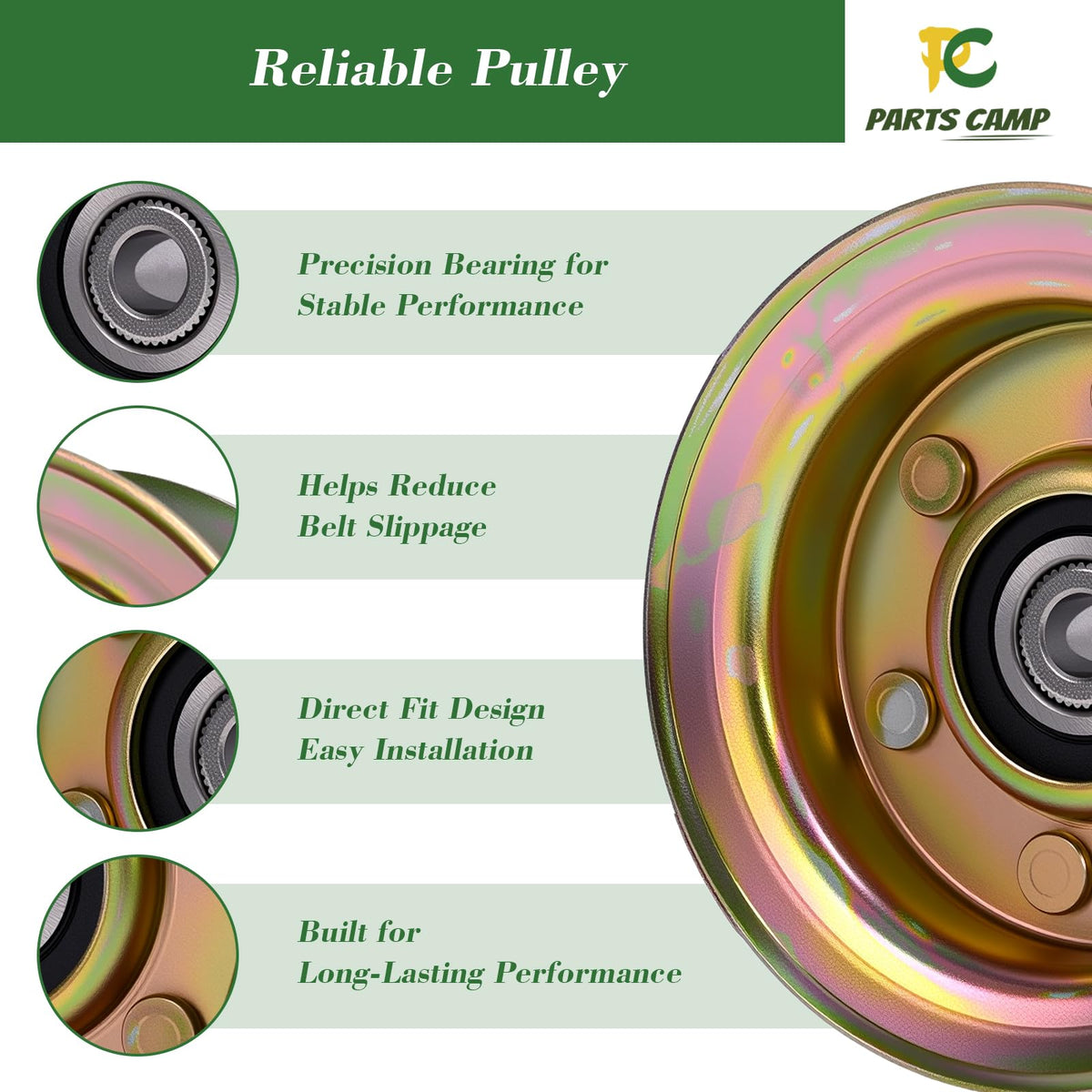 Parts Camp idler pulley with 4-inch outer diameter for durable performance