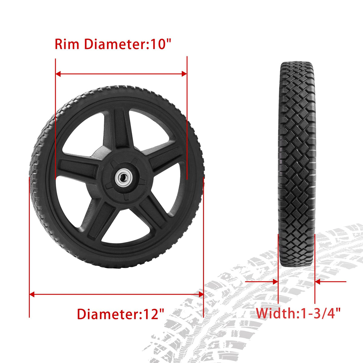 Parts Camp 12 inch push mower wheel front view showing tread