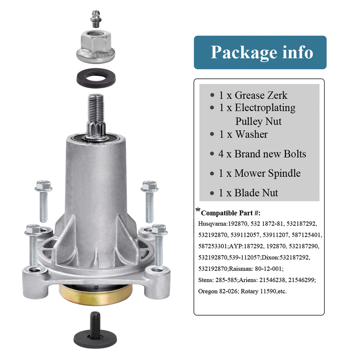 Parts Camp spindle-assembly-mower-deck side profile highlighting compatibility with deck sizes