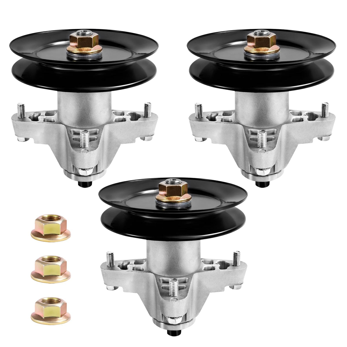 Parts Camp spindle assembly with pulley three-pack for fast deck replacements