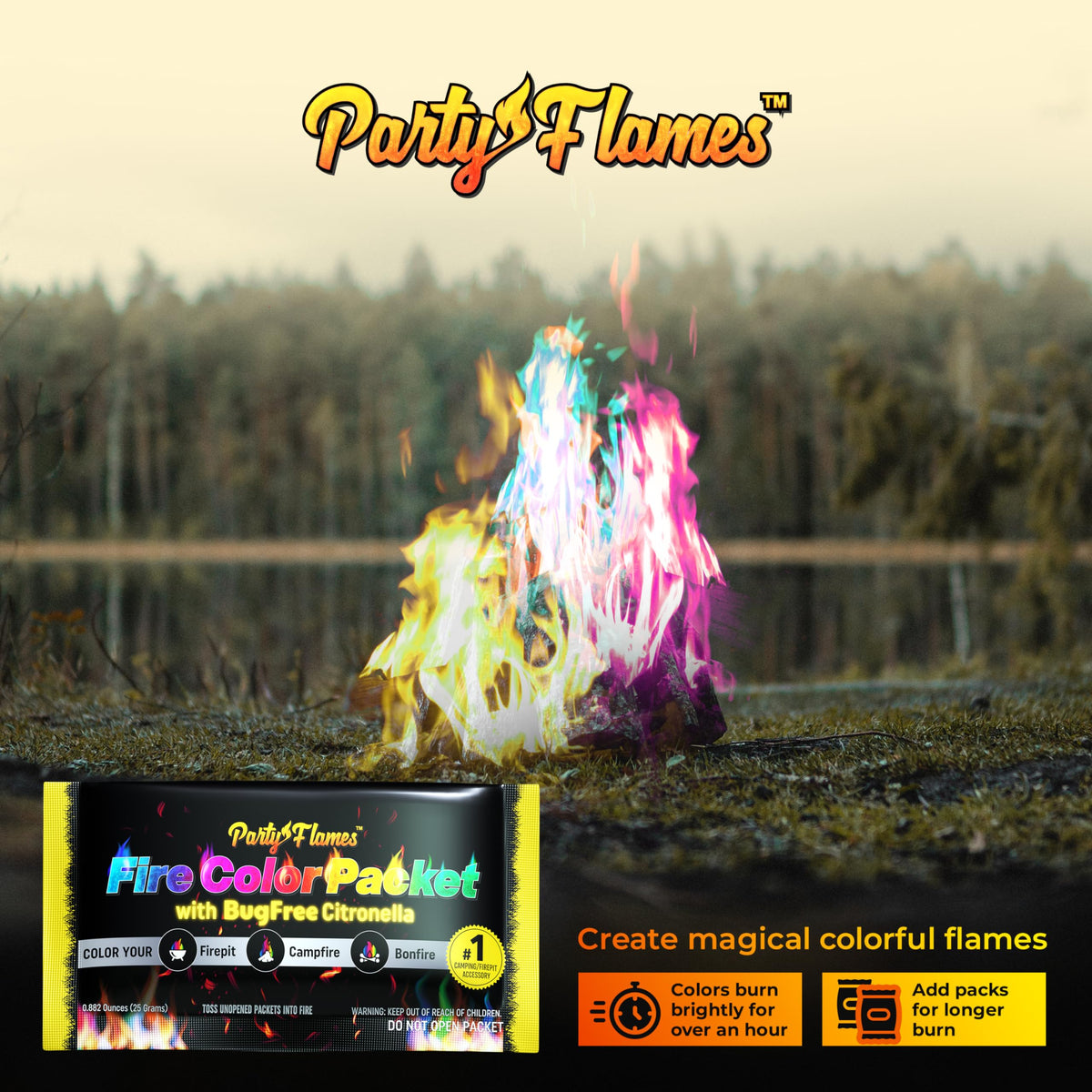 Party Flames fire color packets brighten a campfire at dusk for dramatic color.