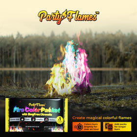 Party Flames fire color packets brighten a campfire at dusk for dramatic color.