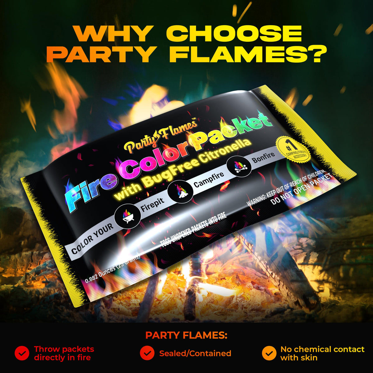 Party Flames easy-use packets being dropped into a flame for instant color.