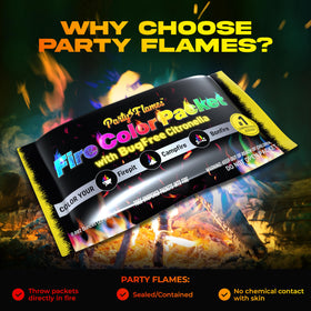 Party Flames easy-use packets being dropped into a flame for instant color.