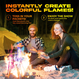 Party Flames show a family enjoying colorful campfire flames at a lakeside site.